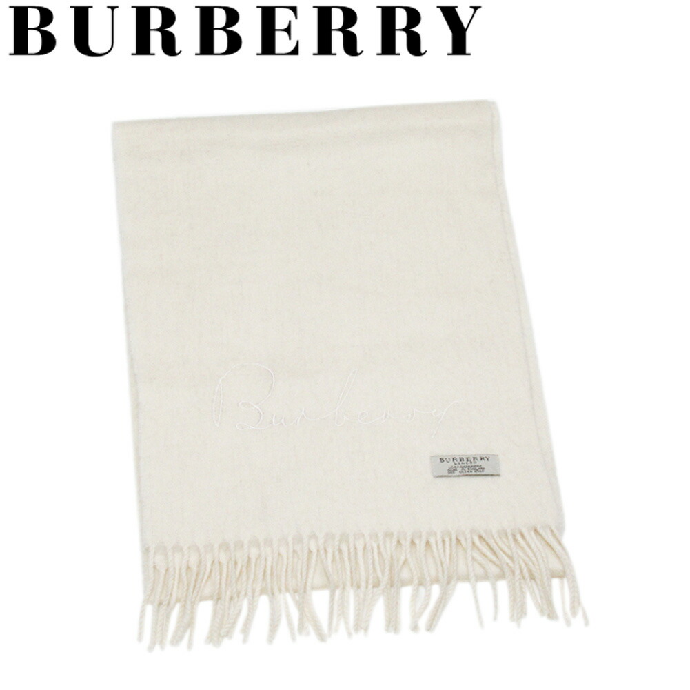 信頼 中古 バーバリー マフラー フリンジ付き レディース メンズ ロゴ刺繍 ホワイト 白 カシミア Burberry バーバリー L3237 A 限定製作 Www Papermoney World Com