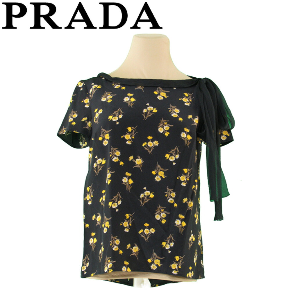 【30%OFFクーポン】プラダ ブラウス リボン トップス レディース ♯38サイズ シルクシフォン フラワー 花柄 ブラック イエロー ベージュ シルク 絹 PRADA l3357s 【中古】 ブランド ハイブランド ヴィンテージ 送料無料|ブランドデポ TOKYO
