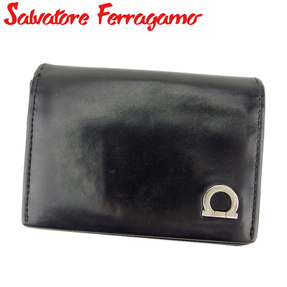 【お買い物マラソン★30％OFFクーポン】サルヴァトーレ フェラガモ 名刺入れ ブランド名刺入れ 名刺入れ カードケース ブラック シルバー レザー ガンチーニ 【中古】 d1902 ブランド ハイブランド ヴィンテージ 送料無料 9,821円