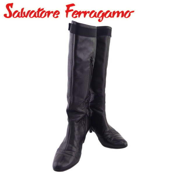 【Fashion Special Fair★24％OFFクーポン】【中古】 サルヴァトーレ フェラガモ ブーツ ロングブーツ ヴァラリボン NERO レザー×シルバー素材 Salvatore Ferragamo T24062 ブランド ハイブランド ヴィンテージ 送料無料 26,088円