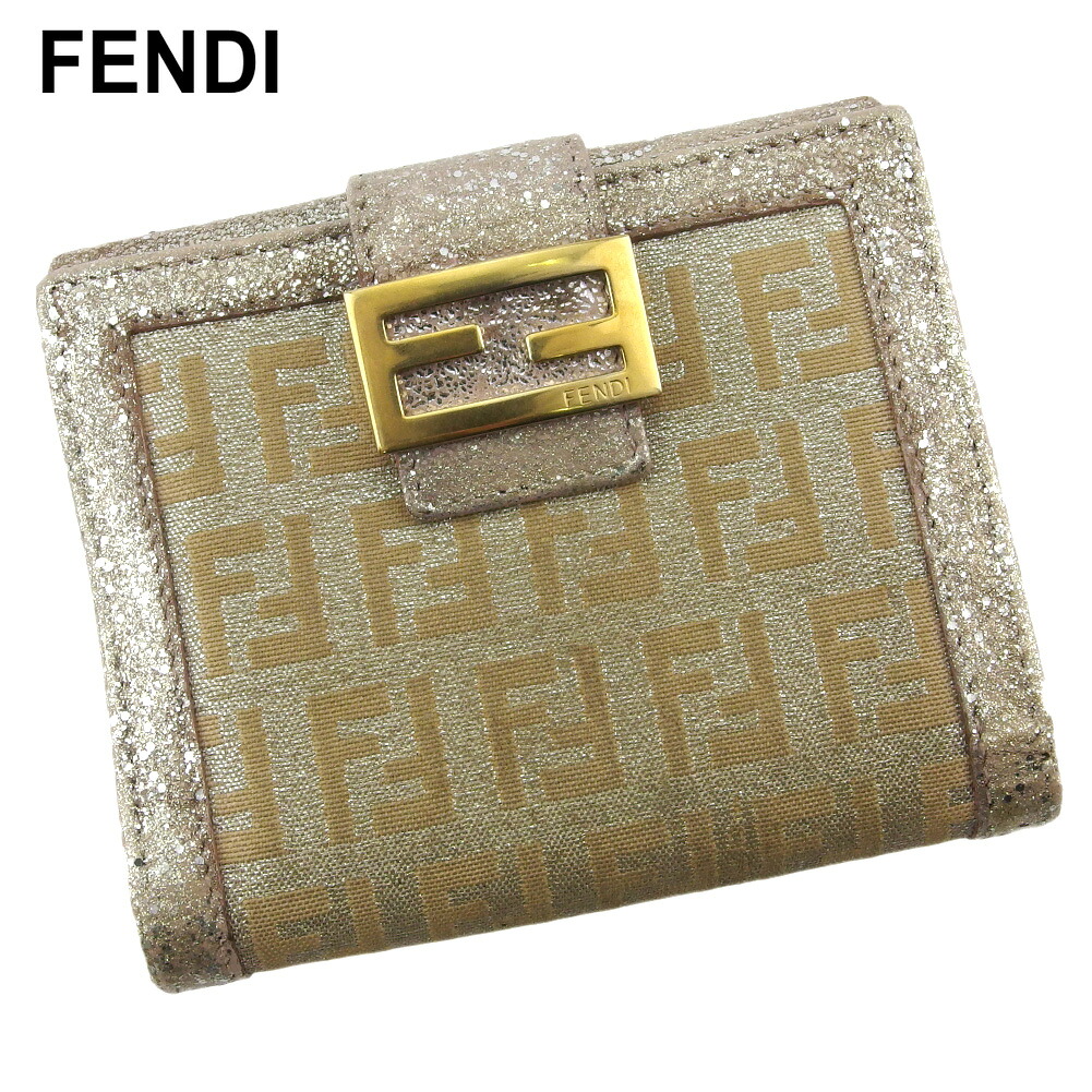 【百貨店SALE★最大限度50％OFF】フェンディ W引っかかり 紙入れ 二つ折り ミニ紙入れ レディース グリッター ズッキーノ ベージュ しろがね色 サクラ色 ゴールド 帆布×なめし革 FENDI f1621s 【中古】 ブランド名 ご機嫌ブランド名 ヴィンテージ 貨物輸送無料