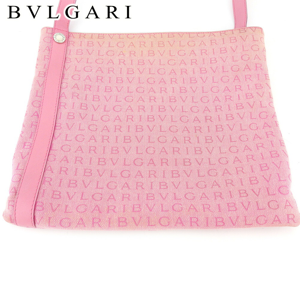 【百貨店SALE★最大限度50％OFF】ブル小峡谷 ショルダーバッグ うしろ側 曲がったがけ肩先 レディース ロゴタイプ気違い サクラ色 帆布×なめし革 BVLGARI 【ブル小峡谷】 c3823s 【中古】 ブランド名 ご機嫌ブランド名 ヴィンテージ 貨物輸送無料