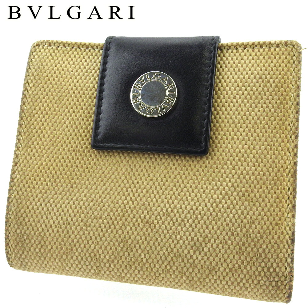 【Fashion Special Fair★24％OFFクーポン】ブルガリ 二つ折り 財布 ミニ財布 レディース メンズ 異素材コンビ ロゴボタン ベージュ ブラック シルバー キャンバス×レザー BVLGARI 【ブルガリ】 c3899s 【中古】 ブランド ハイブランド ヴィンテージ 送料無料