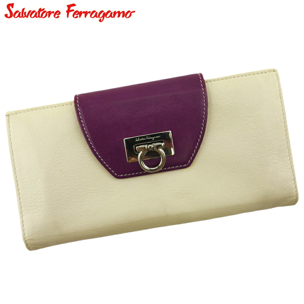 【百貨店SALE★最大限度50％OFF】【中古】 サルヴァトーレ フェラガモ 長紙入れ ジッパー付き添い人 紙入れ レディース ガンチーニ 白いこと 白 パープル 赤銅色 なめし革 Salvatore Ferragamo C4116 ブランド名 ご機嫌ブランド名 ヴィンテージ 貨物輸送無料