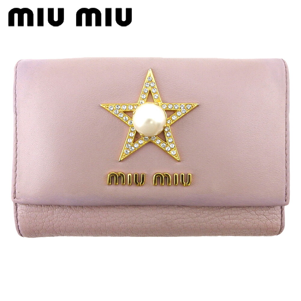 【雨季得SALE★21％OFFクーポン券】【中古】 ミュウミュウ W引っかかり 紙入れ 三つ折り ミニ紙入れ レディース フェイクパール 伝達ルート石ころ はやりっ子 星 サクラ色 ゴールド なめし革 miu miu C4248 ブランド名 ご機嫌ブランド名 ヴィンテージ 貨物輸送無料