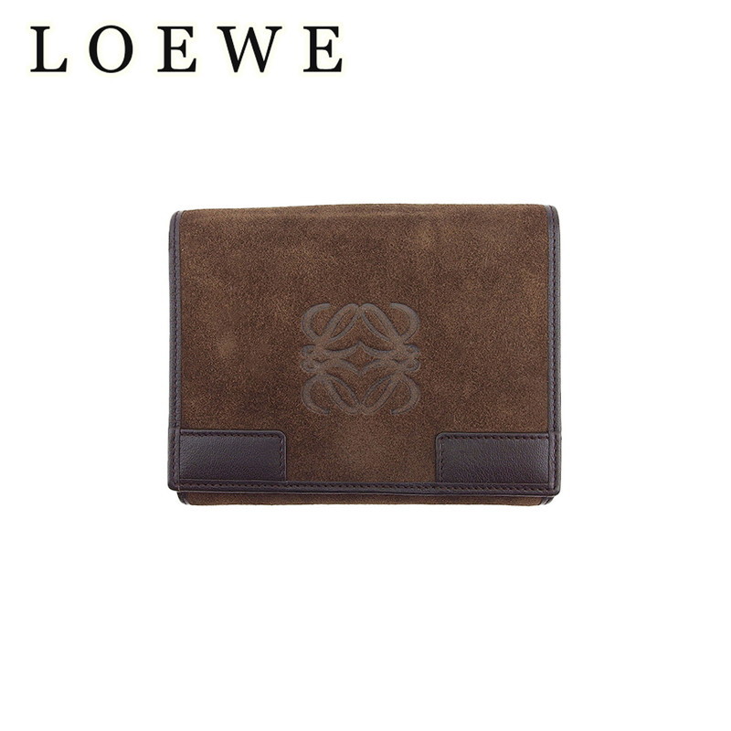 【新生活応援★29％OFFクーポン】【中古】 ロエベ Wホック 財布 二つ折り 財布 ダークブラウン スエード×レザー LOEWE P1033 ブランド ハイブランド ヴィンテージ 送料無料