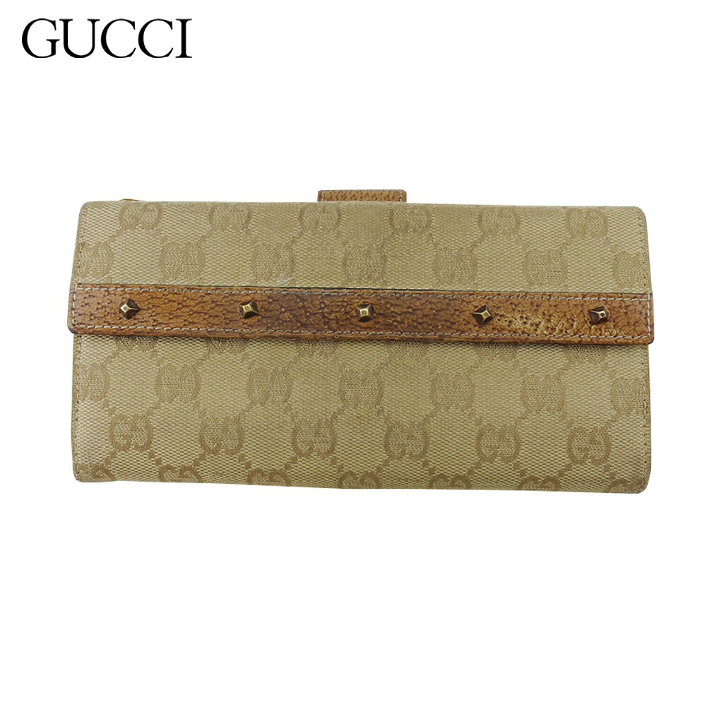 【百貨店SALE★最大限度50％OFF】グッチ 長紙入れ W引っかかり 紙入れ レディース メンズ GG帆布 ベージュ 赤銅色 ゴールド 帆布×なめし革 GUCCI d2427s 【中古】 ブランド名 ご機嫌ブランド名 ヴィンテージ 貨物輸送無料