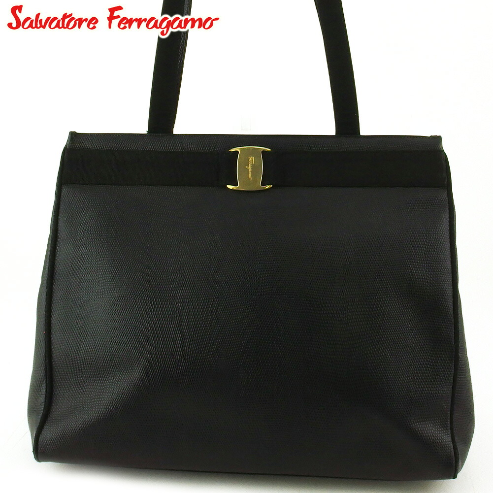 【Fashion Special Fair★24％OFFクーポン】サルヴァトーレ フェラガモ トートバッグ トート ショルダー バッグ レディース リザード調 ヴァラ ブラック ゴールド 型押しレザー Salvatore Ferragamo T20980 【中古】 ブランド ハイブランド ヴィンテージ 送料無料