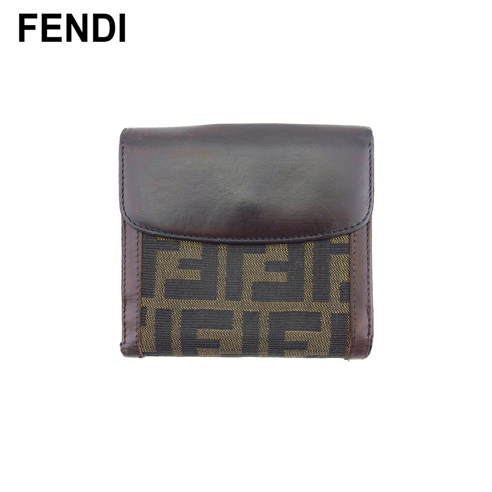 【Fashion Special Fair★24％OFFクーポン】【中古】 フェンディ Wホック 財布 二つ折り レディース メンズ ズッカ ブラウン ブラック ベージュ キャンバス×レザー FENDI T22630 ブランド ハイブランド ヴィンテージ 送料無料
