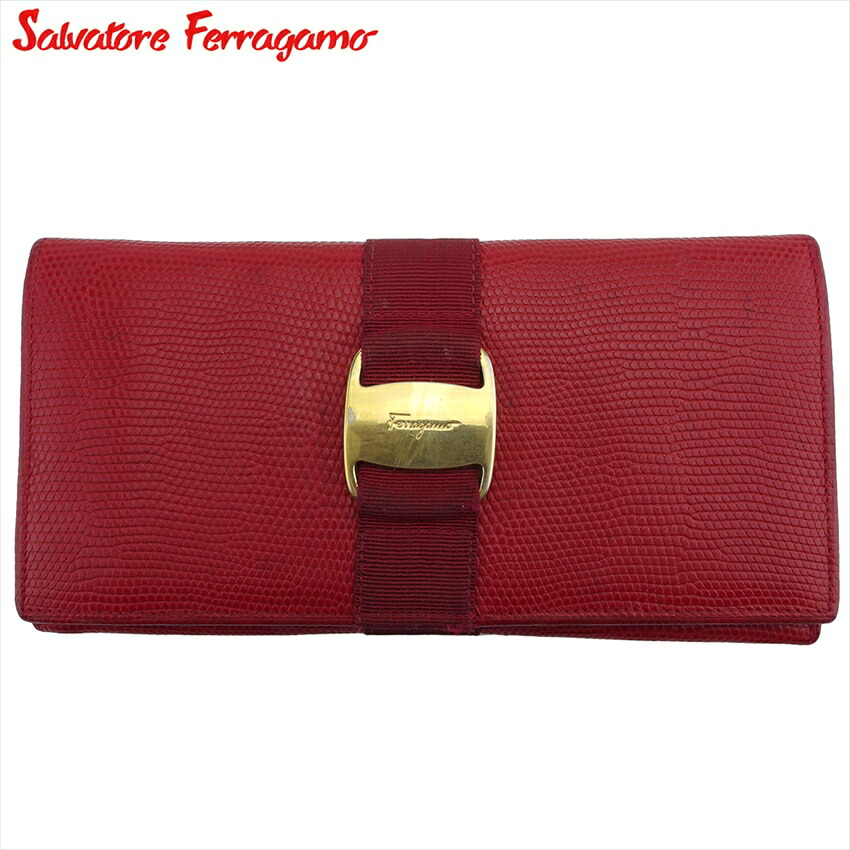 【百貨店SALE★最大限度50％OFF】サルヴァトーレ フェラガモ 長紙入れ ブランド名紙入れ さいふ ジッパー付き添い人 紙入れ レディース 赤いこと ゴールド 蜥蜴調 型押しなめし革 ヴァラ 【中古】 e16944 ブランド名 ご機嫌ブランド名 ヴィンテージ 貨物輸送無料