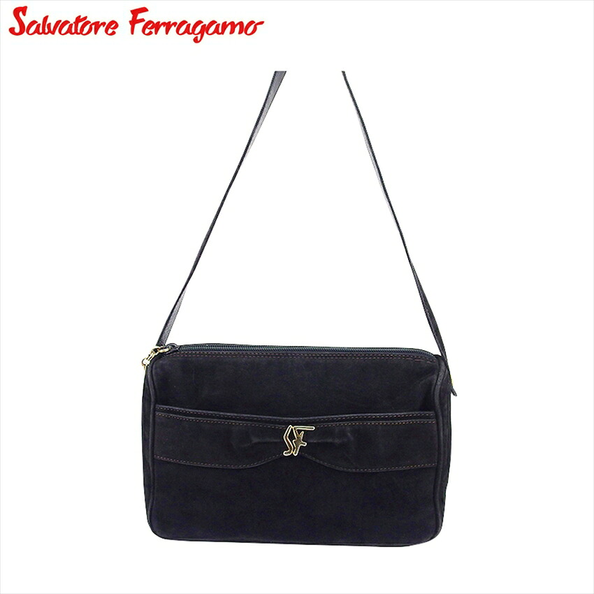 【Fashion Special Fair★24％OFFクーポン】【中古】 サルヴァトーレ フェラガモ ショルダーバッグ 斜めがけショルダー レディース ブラック×ゴールド スエード×レザー Salvatore Ferragamo E16994 ブランド ハイブランド ヴィンテージ 送料無料