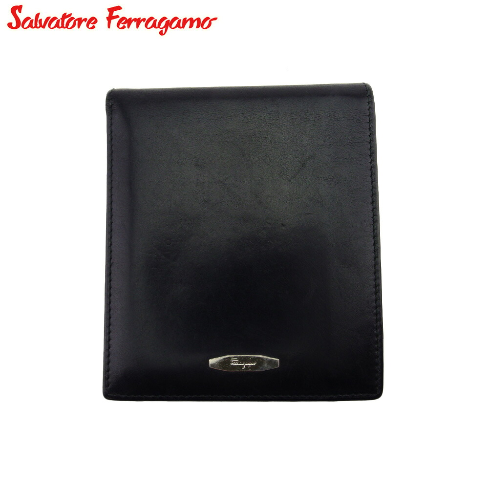 【百貨店SALE★最大限度50％OFF】サルヴァトーレ フェラガモ 二つ折り 紙入れ ミニ紙入れ メンズ ロゴタイプ一皿 黒いこと しろがね色 なめし革 Salvatore Ferragamo F1865 【中古】 ブランド名 ご機嫌ブランド名 ヴィンテージ 貨物輸送無料