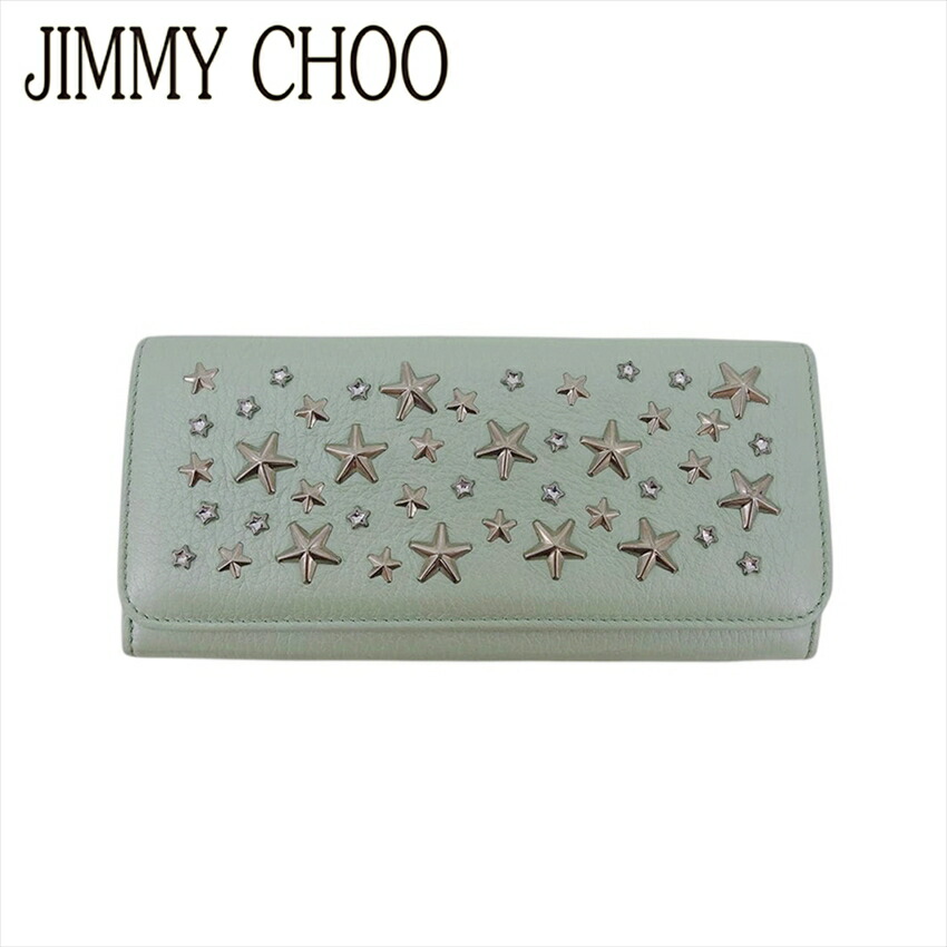【雨季得SALE★21％OFF引き換え証】【中古】 ジミーチュウ 長札入れ チャック付き添い人 札入れ レディース スターラインストーン付き添い人 スタースタッズ 緑であること しろがね色 なめし革 JIMMY CHOO Q746 ブランド名 御機嫌ブランド名 ヴィンテージ 貨物輸送無料