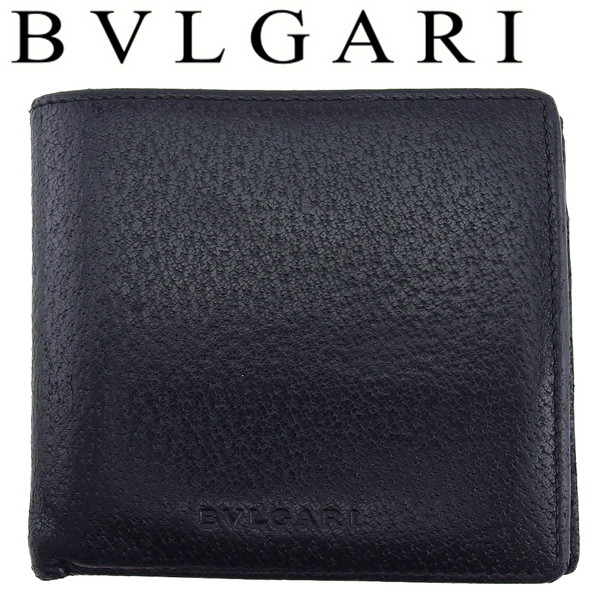 【百貨店SALE★最大限度50％OFF】【中古】 ブル小峡谷 二つ折り 紙入れ ミニ紙入れ メンズ ロゴタイプ入り口・入口 クラシコ 黒いこと なめし革 BVLGARI G17490 ブランド名 ご機嫌ブランド名 ヴィンテージ 貨物輸送無料