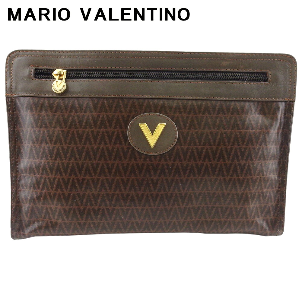 【お買い物マラソン★30％OFFクーポン】【中古】 マリオ ヴァレンティノ クラッチバッグ セカンドバッグ バッグ レディース メンズ Vマーク ブラウン ゴールド PVC×レザー MARIO VALENTINO H825 ブランド ハイブランド ヴィンテージ 送料無料