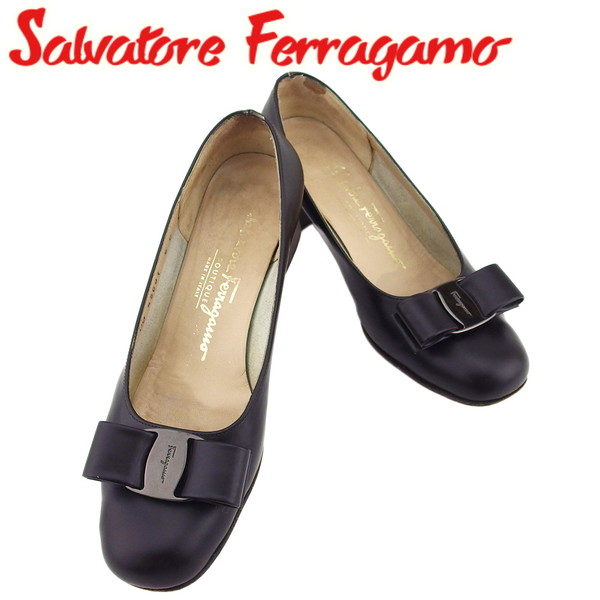 【百貨店SALE★最大限度50％OFF】【中古】 サルヴァトーレ フェラガモ パンプス シューズ 靴 レディース ヴァラリボン NERO カーフスキン Salvatore Ferragamo C4678 ブランド名 御機嫌ブランド名 ヴィンテージ 貨物輸送無料