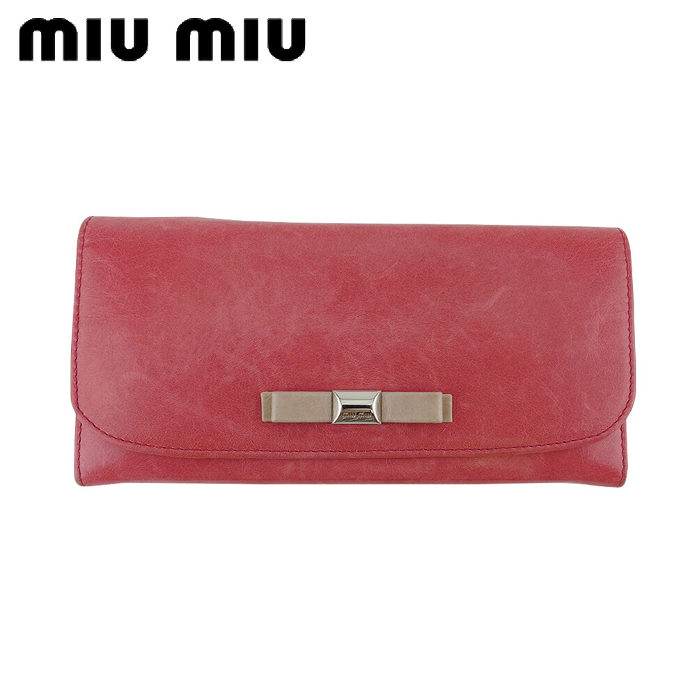 【お買い物マラソン★30％OFFクーポン】【中古】 ミュウミュウ 長財布 ファスナー付き 財布 レディース リボン ピンク ベージュ シルバー レザー miu miu L3731 ブランド ハイブランド ヴィンテージ 送料無料