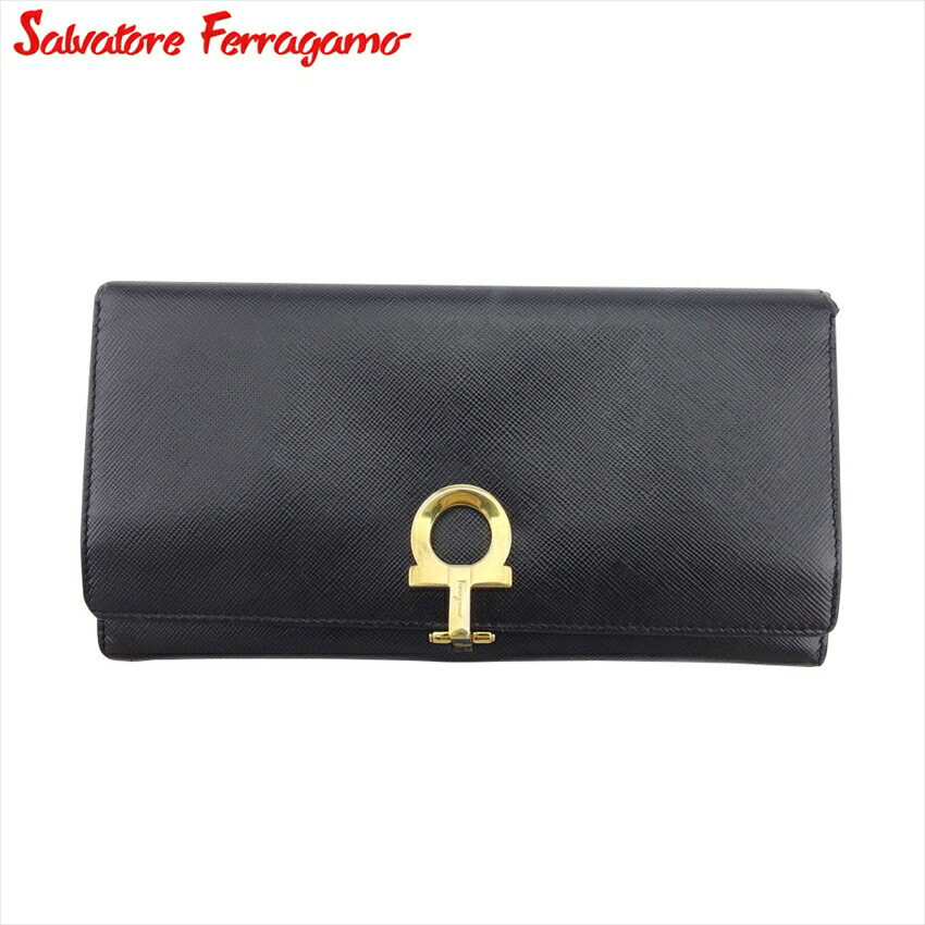 【百貨店SALE★最大限度50％OFF】サルヴァトーレ フェラガモ 長紙入れ ブランド名紙入れ さいふ ジッパー付き添い人 紙入れ レディース メンズ 逃げ口 夏 科目 黒いこと ゴールド なめし革 ガンチーニ 貨物輸送無料 l3764 【中古】 ブランド名 ご機嫌ブランド名 ヴィンテージ