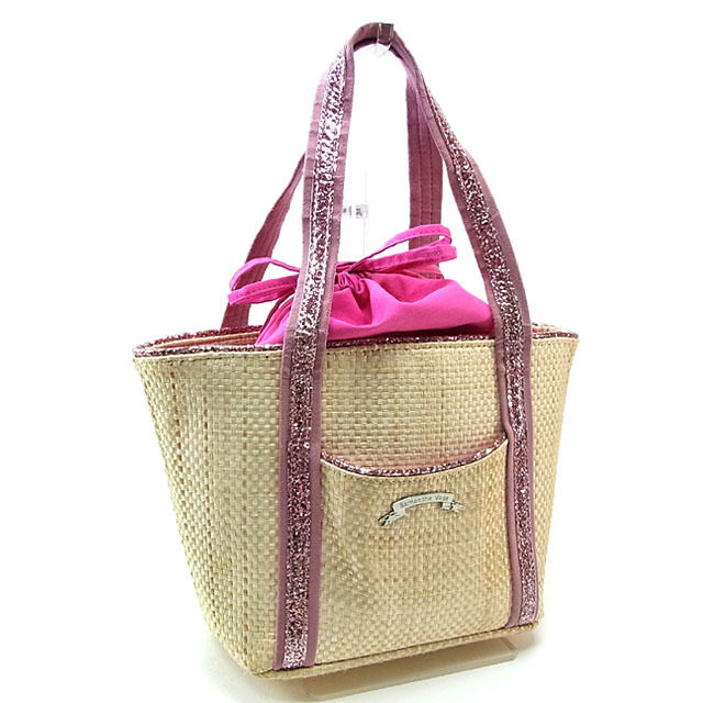 【新春セール★最大50％OFF】サマンサベガ Samantha Vega トートバッグ カゴバッグ ショルダーバッグ スパンコールラメライン入リ ロゴプレート レディース メンズ ナチュラル×ピンク×シルバー クリスマス プレゼント バック 人気 収納 兼用 男性 女性 良品 C1715 【中古】