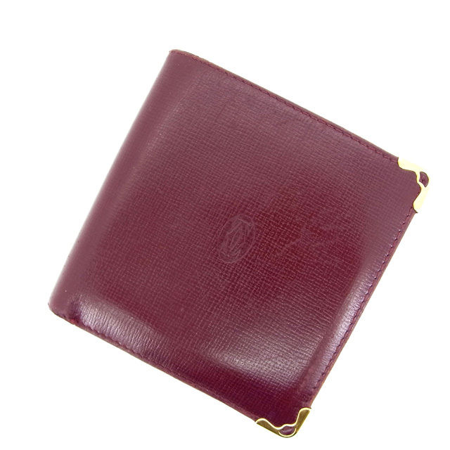 美品　Cartier カルティエ　マストライン レザー ボルドー　二つ折り財布 Cartier カルティエ マストライン 二つ折り財布 ミニ財布