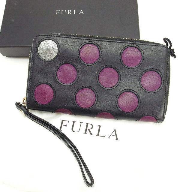 【お買い物マラソン★30％OFFクーポン】フルラ 長財布 ラウンドファスナー ブラック×パープル FURLA 【フルラ】 t14775s 【中古】 ブランド ハイブランド ヴィンテージ 送料無料