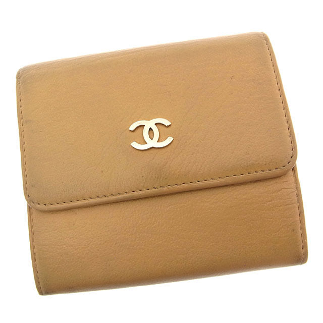 CHANEL シャネル 三つ折り ミニ 財布 ココマーク ベージュ　Wホック CHANEL シャネル 三つ折り ミニ 財布 ココマーク ベージュ W