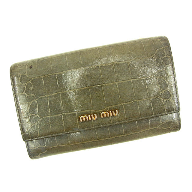 【お買い物マラソン★30%OFFクーポン】ミュウミュウ 三つ折り財布 ブランド財布 さいふ グレー エナメルレザー クロコダイル型押し t11710 【中古】 ブランド ハイブランド ヴィンテージ 送料無料|ブランドデポ TOKYO