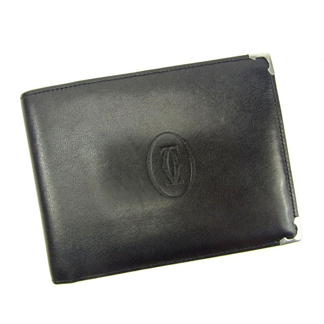 カルティエ　ブラックレザー 二つ折り財布 カルティエ Cartier メンズ 財布 折りたたみ財布 2つ折り 小銭