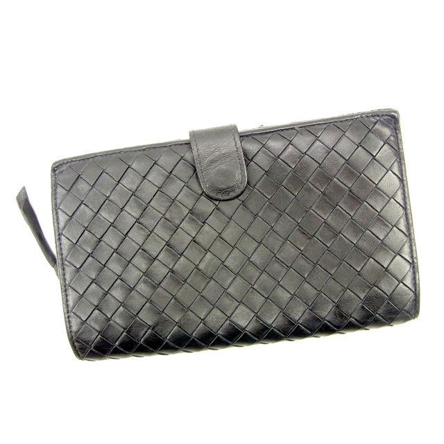 【Fashion Special Fair★24％OFFクーポン】ボッテガ ヴェネタ 長財布 ラウンドファスナー イントレチャート ブラック×ゴールド レザー BOTTEGA VENETA 【ボッテガ・ヴェネタ】 t14453s 【中古】 ブランド ハイブランド ヴィンテージ 送料無料