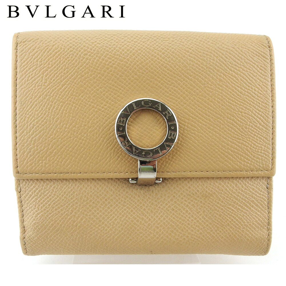 【百貨店SALE★最大限度50％OFF】ブル小峡谷 W引っかかり 紙入れ 二つ折り ミニ紙入れ レディース メンズ ブルガリブルガリ ベージュ しろがね色 なめし革 BVLGARI 【ブル小峡谷】 t18266s 【中古】 ブランド名 ご機嫌ブランド名 ヴィンテージ 貨物輸送無料