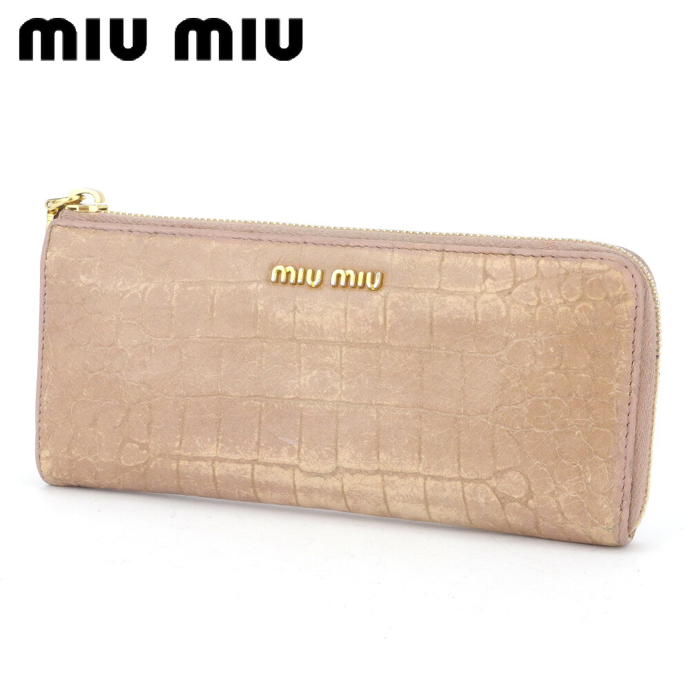 【お買い物マラソン★30%OFFクーポン】ミュウミュウ 長財布 L字ファスナー 財布 レディース クロコ調 ピンク ベージュ ゴールド 型押しレザー miu miu 長サイフ サイフ 収納 ユニセックス 小物 【ミュウミュウ】 G1432 【中古】 ブランド ハイブランド ヴィンテージ|ブランドデポ TOKYO