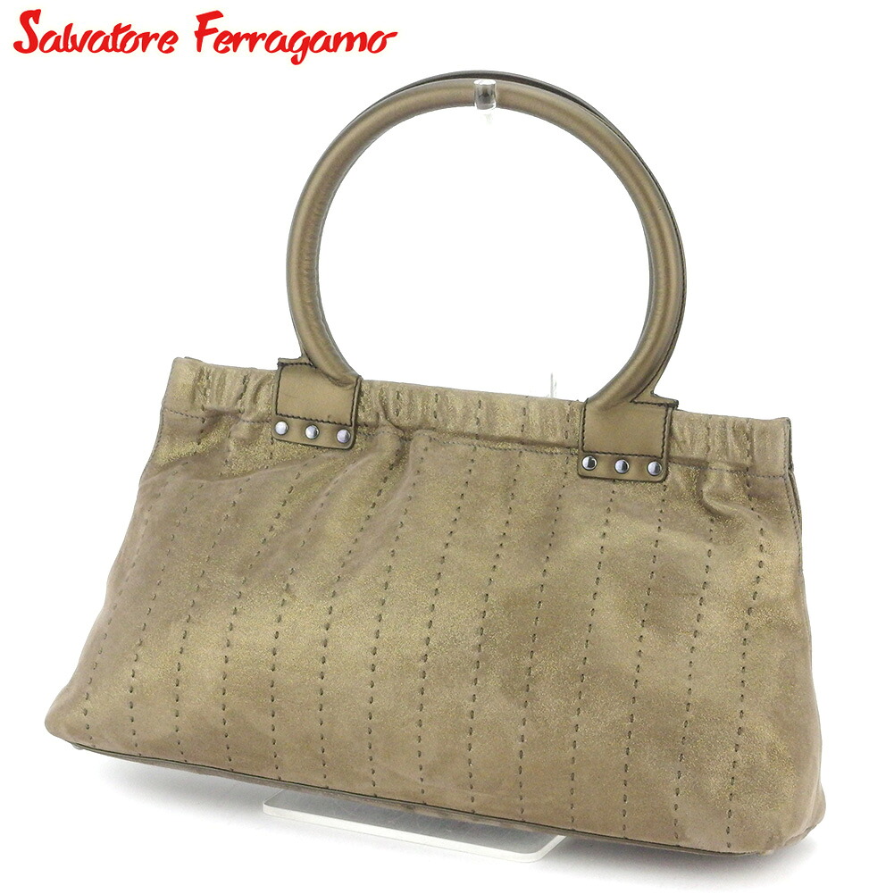 【Fashion Special Fair★24％OFFクーポン】サルヴァトーレ フェラガモ トートバッグ バック トート ハンドバッグ バック レディース ステッチ ブラウン ゴールド シルバー スエード×レザー Salvatore Ferragamo 【フェラガモ】 T10529 【中古】