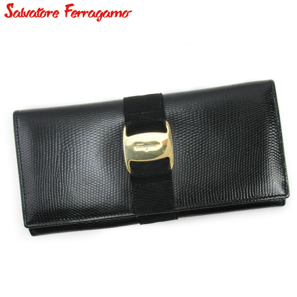 未使用Salvatore Ferragamoレザー長財布　濃茶　リザード　箱付き t16709.jpg