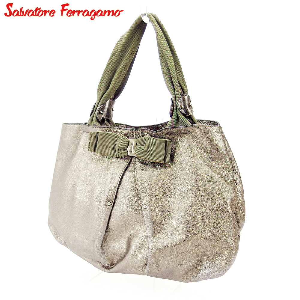 【新春セール★最大50％OFF】サルヴァトーレ フェラガモ Salvatore Ferragamo トートバッグ バック トート ハンドバッグ バック ヴァラリボン レディース メンズ ブラウン グリーン シルバー系 クリスマス プレゼント バック 人気 収納 兼用 【フェラガモ】 T17002 【中古】 15,775円
