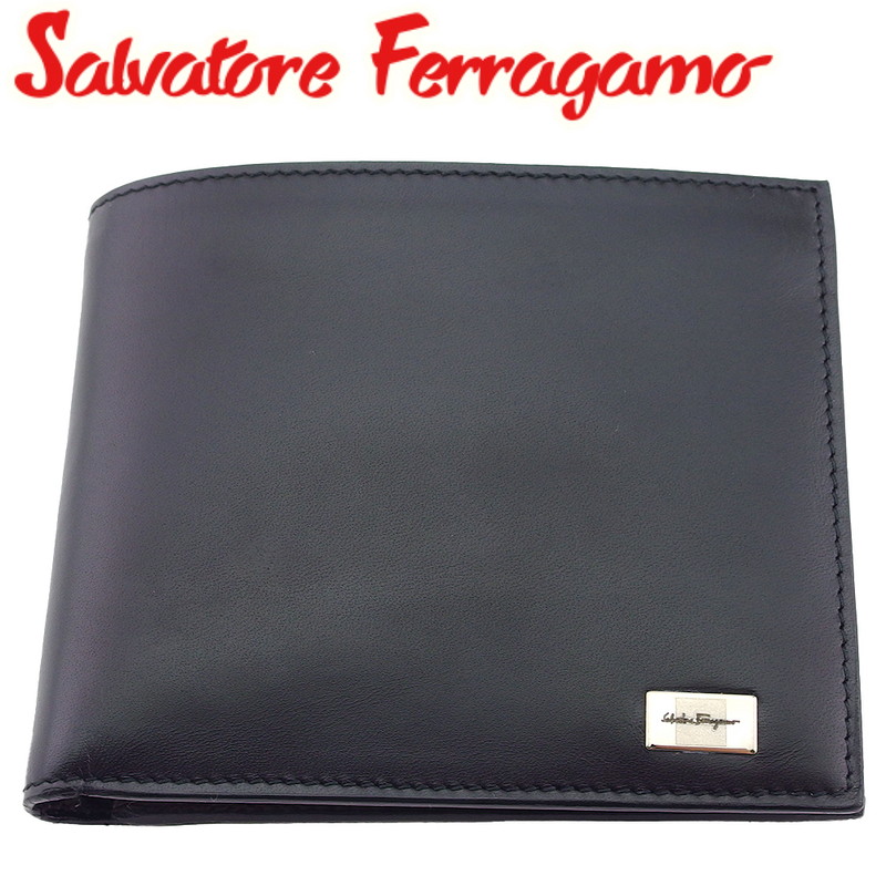 【雨季得SALE★21％OFFクーポン券】【中古】 サルヴァトーレ フェラガモ 二つ折り 紙入れ ウォレット メンズ NERO カーフレザー 黒いこと×うす暗い赤銅色×しろがね色  Salvatore Ferragamo H957 ブランド名 ご機嫌ブランド名 ヴィンテージ 貨物輸送無料