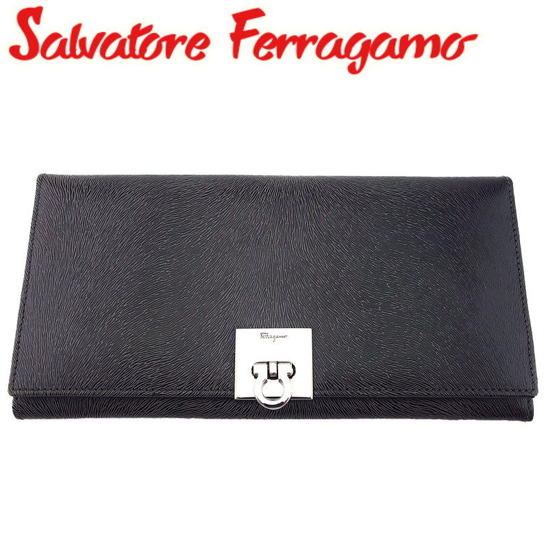 【百貨店SALE★最大限度50％OFF】【中古】 サルヴァトーレ フェラガモ 長紙入れ ロングウォレット レディース メンズ ガンチーニ うす暗い薄墨色×黒いこと×しろがね色 カーフレザー Salvatore Ferragamo H965 ブランド名 ご機嫌ブランド名 ヴィンテージ 貨物輸送無料