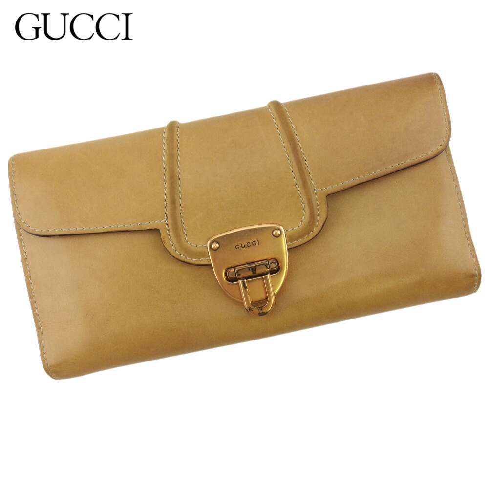 【百貨店SALE★最大限度50％OFF】【中古】 グッチ 長紙入れ ジッパー付き添い人 三つ折り 紙入れ レディース ロゴタイプ一皿 ベージュ ゴールド なめし革 GUCCI B1151 ブランド名 ご機嫌ブランド名 ヴィンテージ 貨物輸送無料
