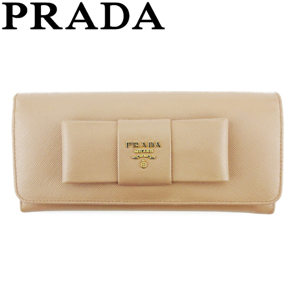 【30％OFFクーポン】プラダ 長財布 ファスナー付き 財布 レディース リボン ベージュ ピンク ゴールド サフィアーノレザー PRADA l3316s 【中古】 ブランド ハイブランド ヴィンテージ 送料無料