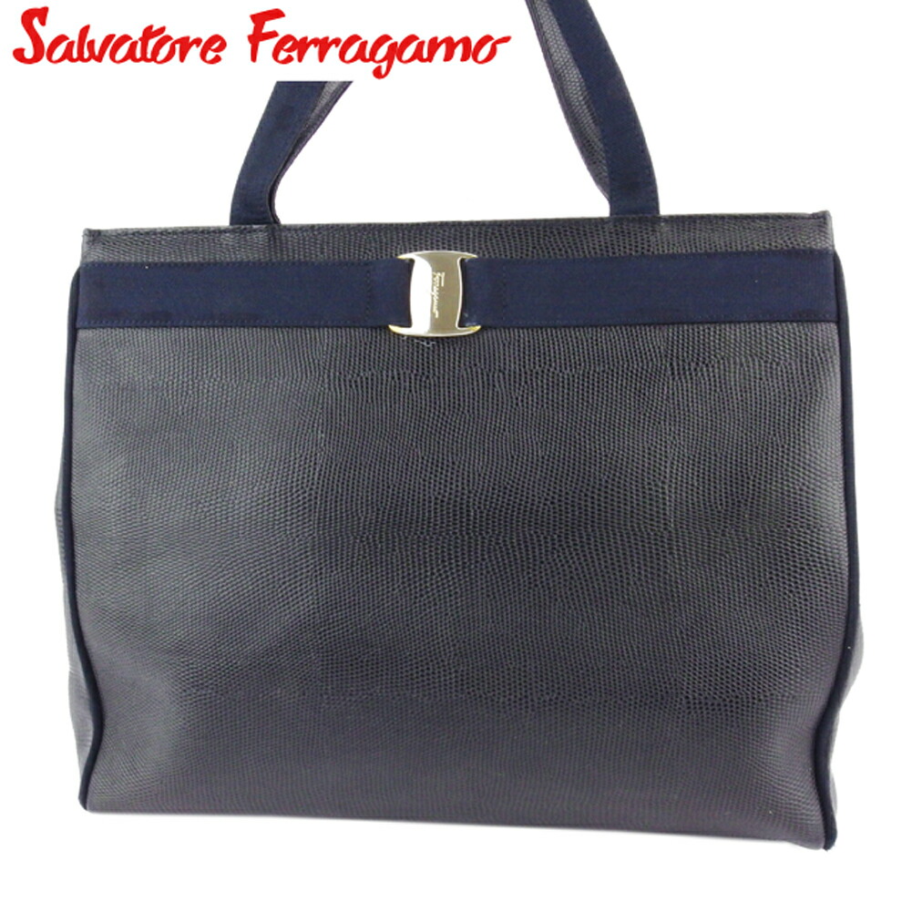 【お買い物マラソン★30%OFFクーポン】サルヴァトーレ フェラガモ トートバッグ バック トート ショルダーバッグ バック レディース リザード調 ヴァラ ネイビー ゴールド 型押しレザー Salvatore Ferragamo T18959 【中古】 ブランド ハイブランド ヴィンテージ 送料無料|ブランドデポ TOKYO