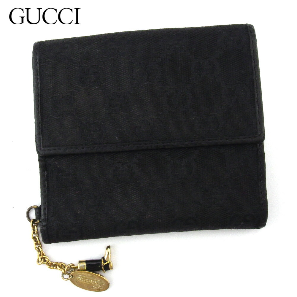 大人気　美品　GUCCI グッチ　財布　折りたたみ　キャンバス　チャーム　黒 グッチ 二つ折り財布 オフディア ストライプ ブラック 719887