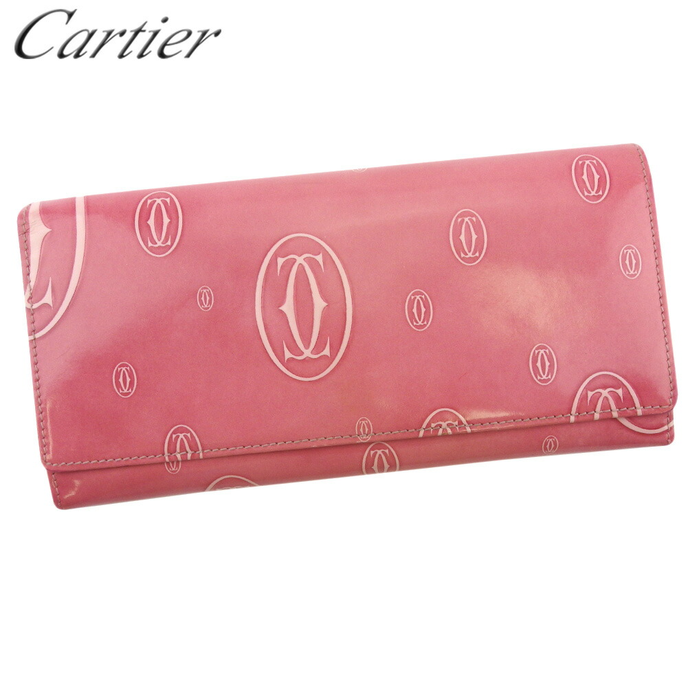 レディース ファスナー付き 財布 ケース 中古 D2274 送料無料 ブランドデポ エナメルレザー ピンク Cartier シルバー カルティエ 長財布 Tokyo ハッピーバースデー 財布 D2274 カルティエ