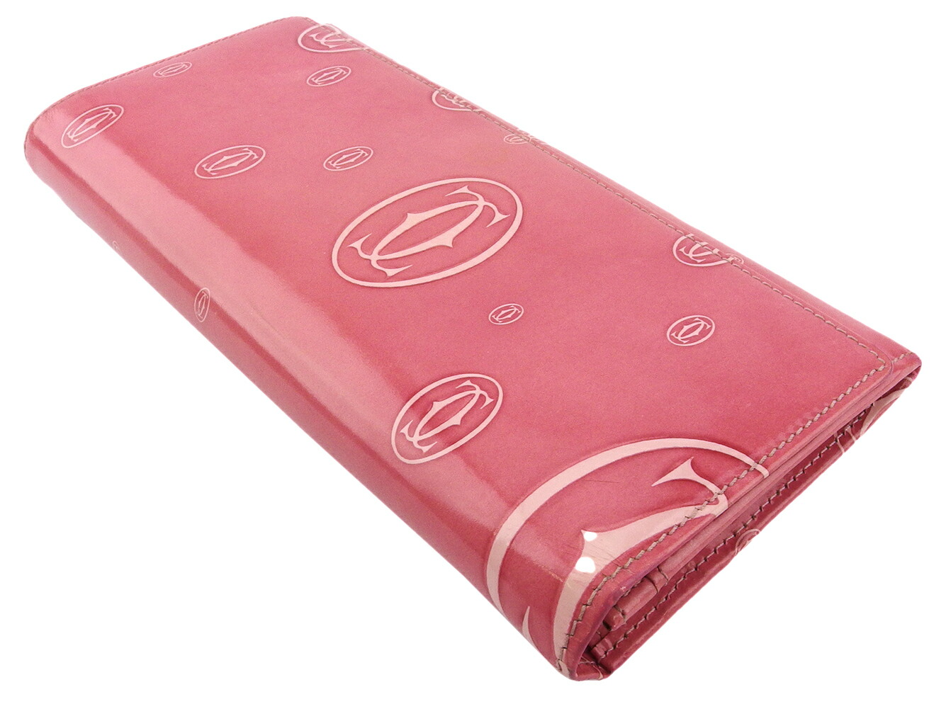 レディース ファスナー付き 財布 ケース 中古 D2274 送料無料 ブランドデポ エナメルレザー ピンク Cartier シルバー カルティエ 長財布 Tokyo ハッピーバースデー 財布 D2274 カルティエ