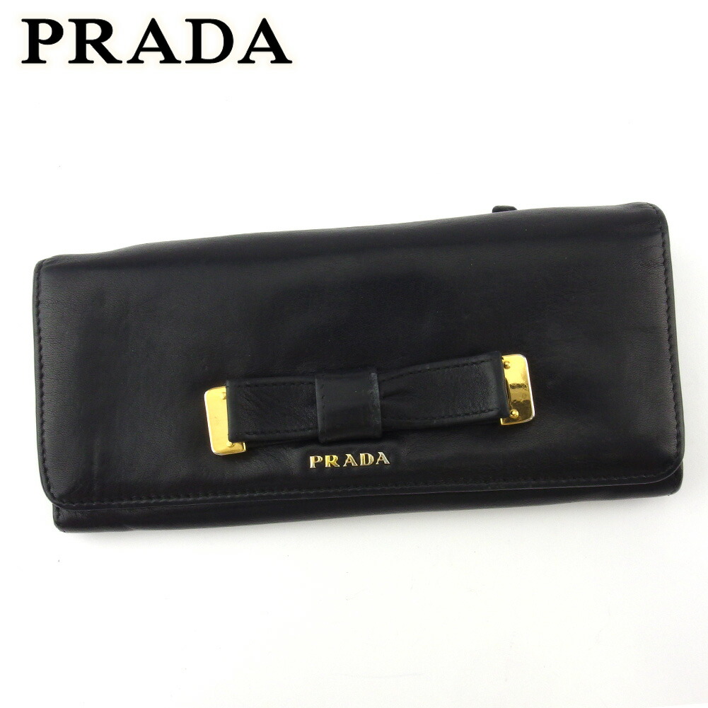 中古 プラダ 長財布 ファスナー付き 財布 レディース リボン ブラック ゴールド ソフトカーフレザー Prada L3402 Allseasonparks De