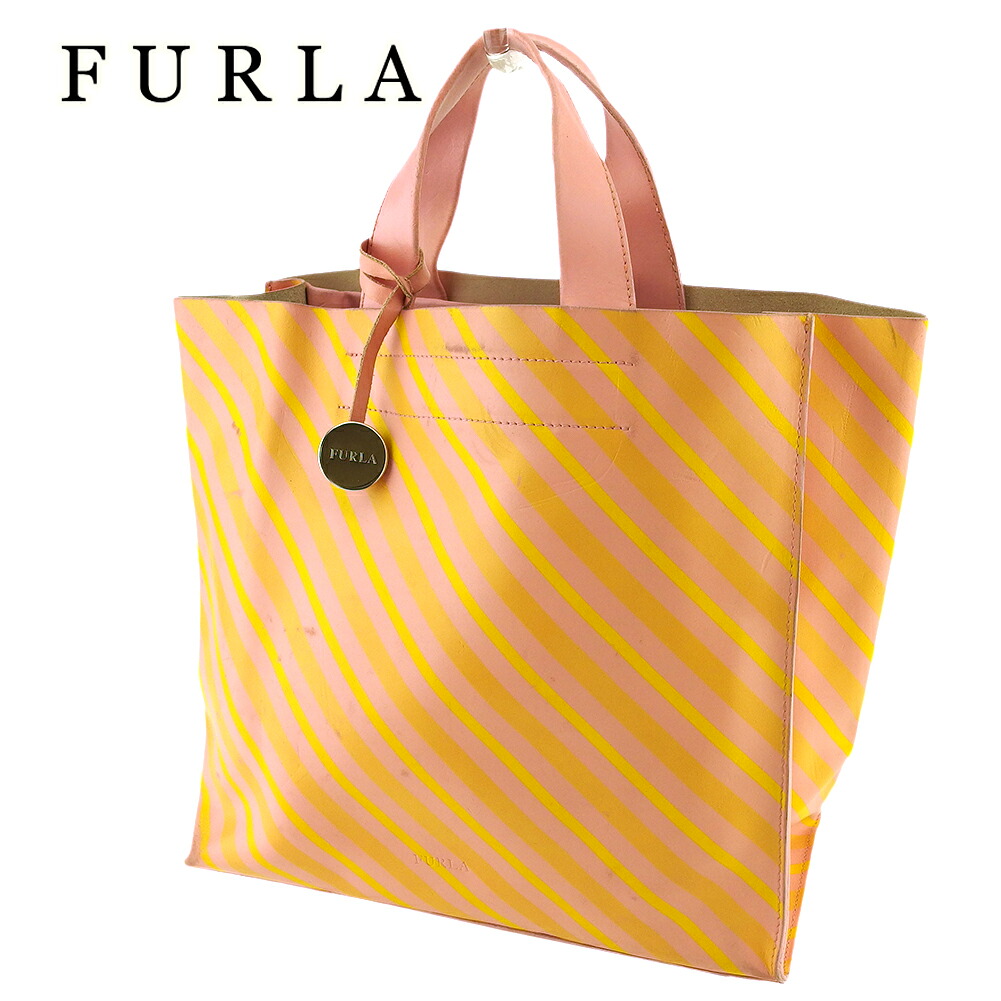 【30%OFFクーポン】フルラ トートバッグ ブランドバッグ バック トート ハンドバッグ レディース ピンク イエロー シルバー ロゴチャーム付き レザー 斜めストライプ 【中古】 g1623 ブランド ハイブランド ヴィンテージ 送料無料|ブランドデポ TOKYO