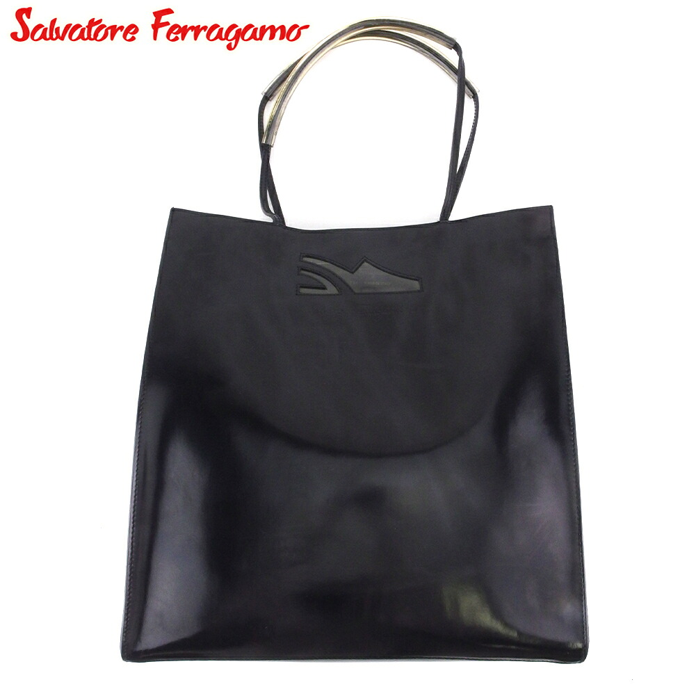 【Fashion Special Fair★24％OFFクーポン】サルヴァトーレ フェラガモ トートバッグ トート ショルダー バッグ レディース 内側ポーチ付き ロゴ ブラック レザー Salvatore Ferragamo T20413 【中古】 ブランド ハイブランド ヴィンテージ 送料無料