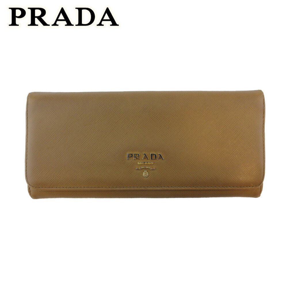 【お買い物マラソン★30％OFFクーポン】プラダ 長財布 ファスナー付き 財布 レディース メンズ ロゴ ベージュ ゴールド サフィアーノレザー PRADA T20650 【中古】 ブランド ハイブランド ヴィンテージ 送料無料