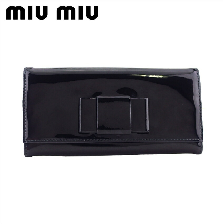 【お買い物マラソン★30％OFFクーポン】ミュウミュウ 長財布 ブランド財布 さいふ ファスナー付き 財布 レディース ブラック ピンク ゴールド エナメルレザー リボン 【中古】 e16915 ブランド ハイブランド ヴィンテージ 送料無料
