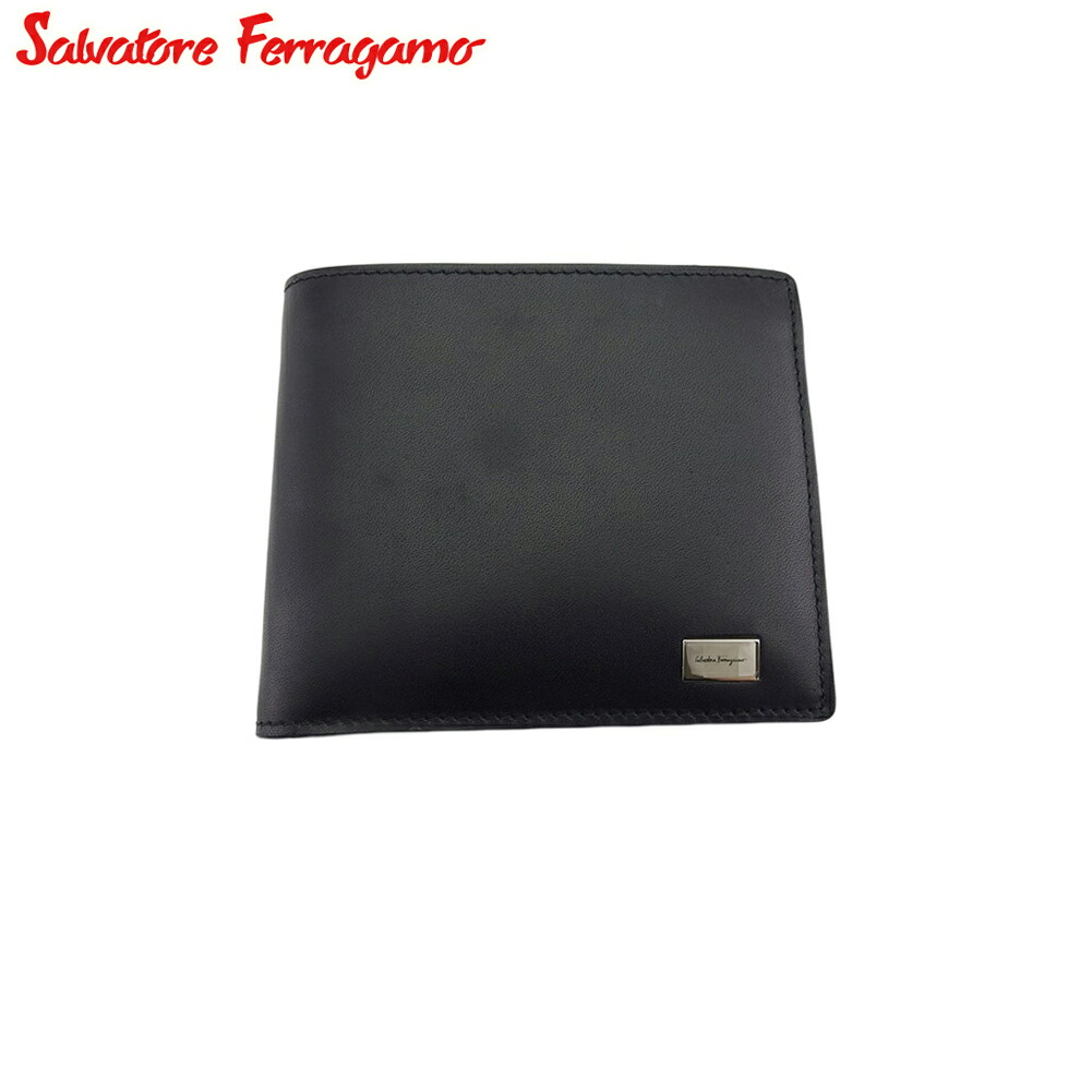 極美品 Ferragamo フェラガモ Wホック財布 コンパクト財布 レザー 黒 サルヴァトーレフェラガモ コンパクトウォレット ヴァラ レザー