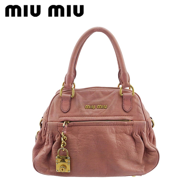 【お買い物マラソン★30％OFFクーポン】【中古】 ミュウミュウ 2WAY ショルダーバッグ ハンド 斜め掛け バッグ レディース カデナモチーフチャーム付き ギャザー ピンク レザー×ゴールド金具 miu miu T23828 ブランド ハイブランド ヴィンテージ 送料無料