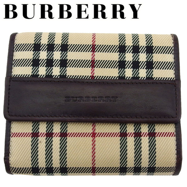 【百貨店SALE★最大限度50％OFF】【中古】 バーバリー 三つ折り 紙入れ ミニ紙入れ レディース メンズ ノバチェック ベージュ 赤銅色 黒いこと系 帆布×なめし革 BURBERRY T23931 ブランド名 ご機嫌ブランド名 ヴィンテージ 貨物輸送無料